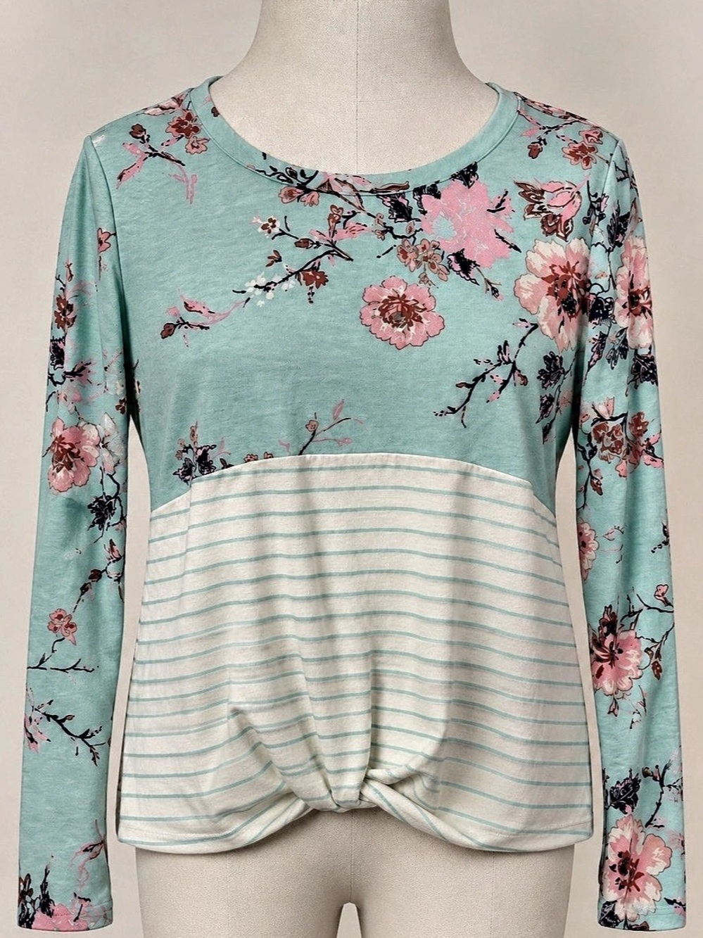 Eyeshadow XL Aqua Floral Striped Twist Front Long Sleeve Top